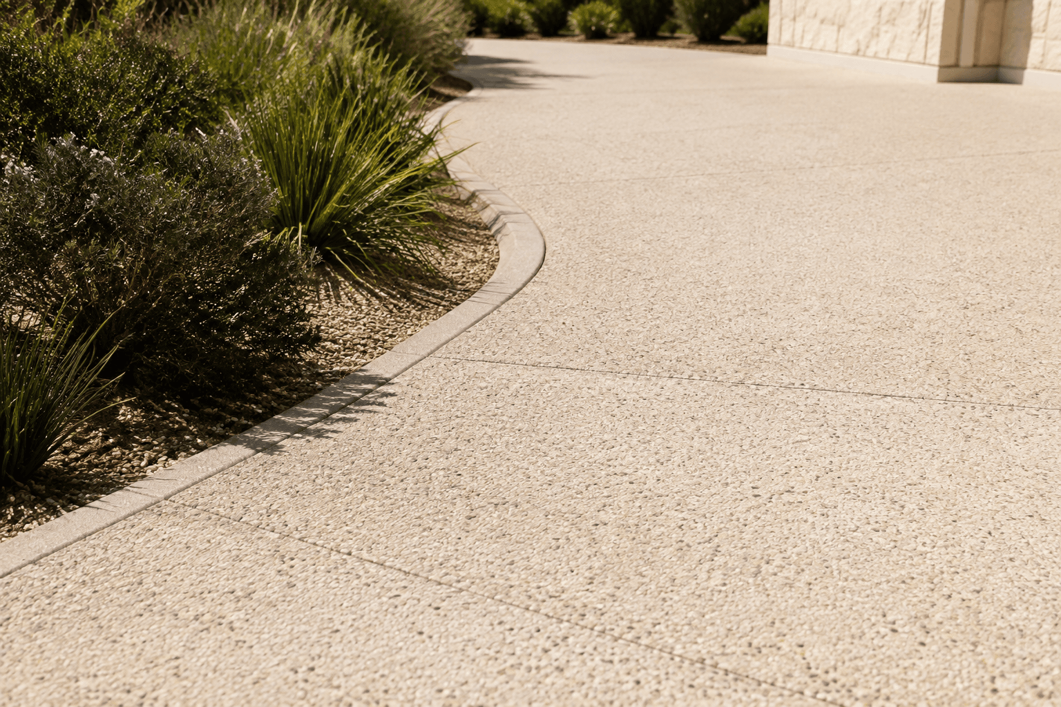 Limestone-toned exposed aggregate driveway beside coastal planting